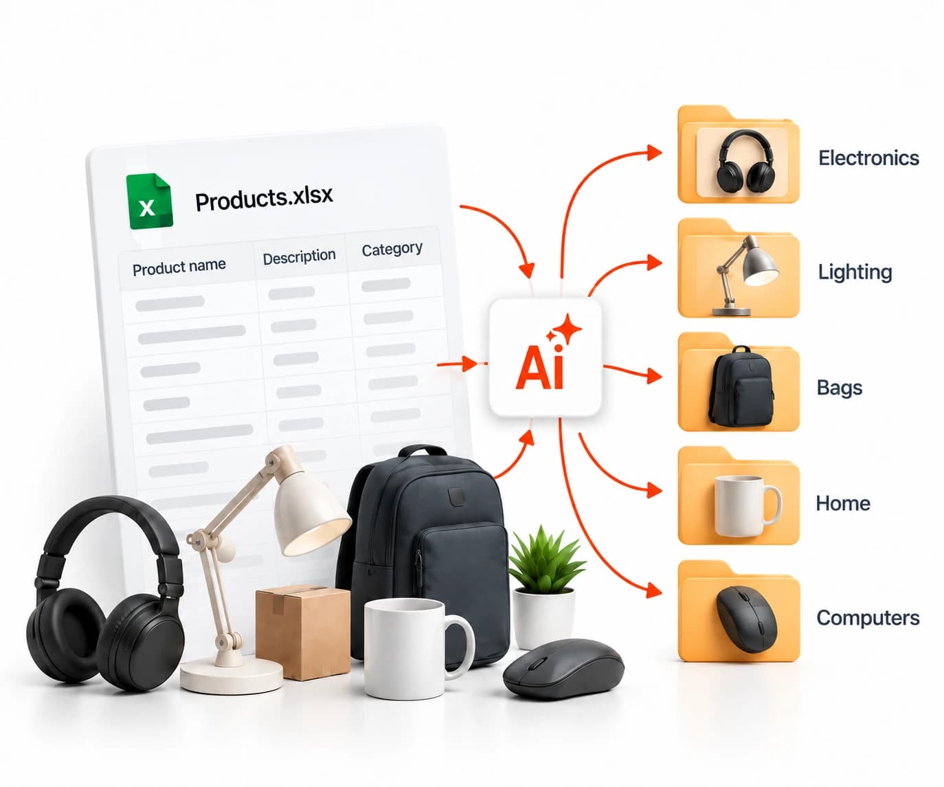 Товары из каталога Excel автоматически распределяются AI по категориям магазина: электроника, освещение, сумки, дом и компьютеры