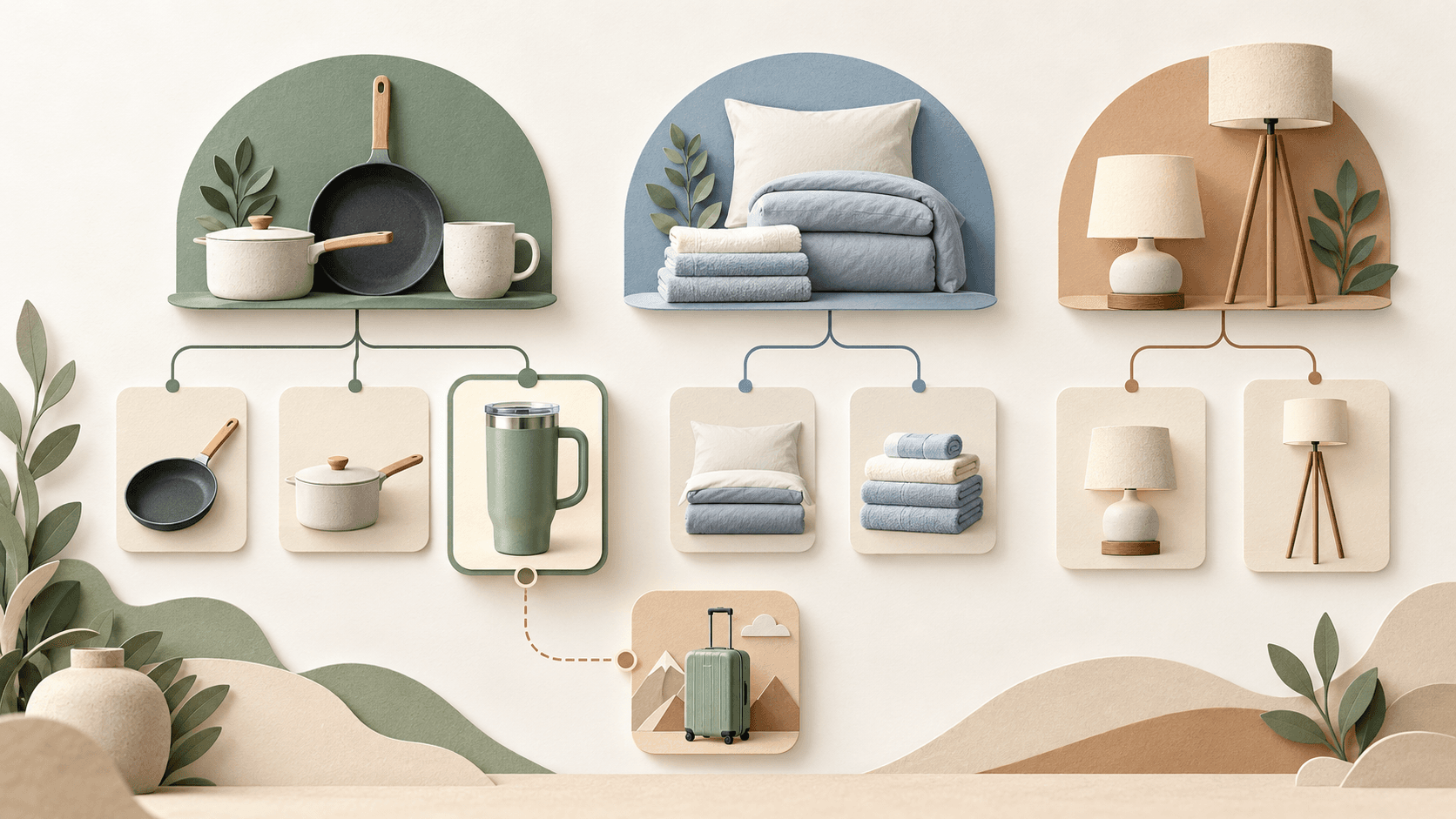 A product category tree for a home goods store, with a travel mug connected to kitchenware and a travel collection.
